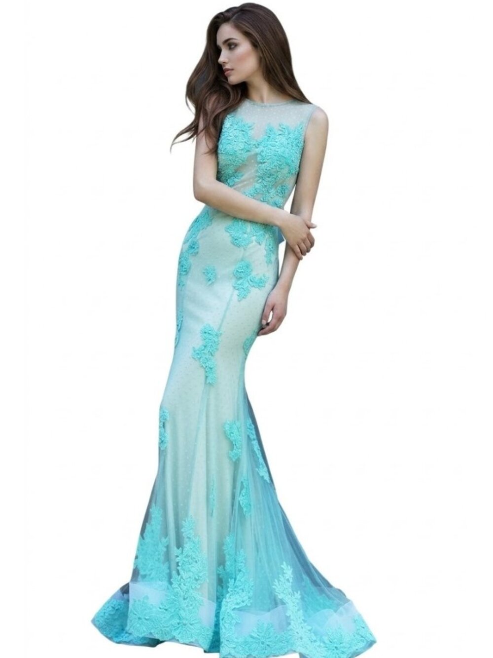 Turquoise Illusion Mermaid Gown Sheer Mesh Floral Lace Appliqués 6 Prom Wedding